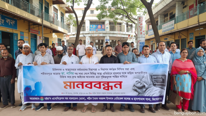 চিকিৎসক নাসিরের ওপর হামলার প্রতিবাদে কিশোরগঞ্জে ড্যাবের মানববন্ধন