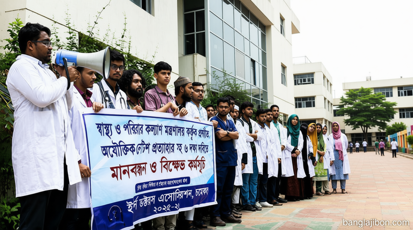 চমেক হাসপাতালে ৬ দফা দাবিতে ইন্টার্নদের মানববন্ধন