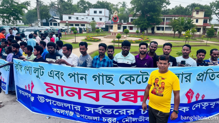 কমলগঞ্জে কৃষিপণ্য লুট ও পানগাছ কাটার প্রতিবাদে মানববন্ধন, তদন্ত ও ক্ষতিপূরণ দাবি