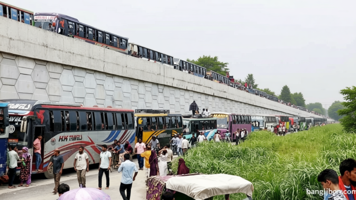 যমুনা সেতু পশ্চিম সংযোগ মহাসড়কে ১০ কিলোমিটার যানজট, ঢাকামুখী লেনে তীব্র চাপ