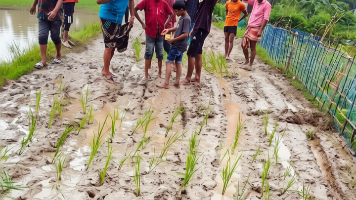 কাদায় ডোবা সড়কে ধানের চারা রোপণ করে প্রতিবাদ