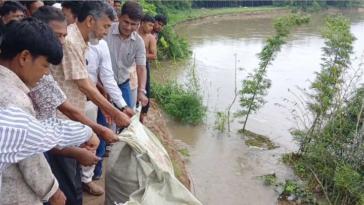 পীরগঞ্জে টাঙ্গন নদের ভাঙন রোধে জিও ব্যাগ ফেলা শুরু